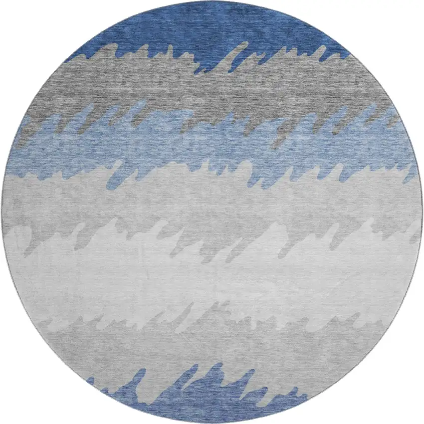 8' Navy Blue Gray And Silver Striped Washable Round Rug With UV Protection Photo 1