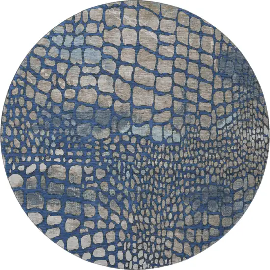 8' Navy Blue Gray And Taupe Abstract Geometric Washable Round Rug With UV Protection Photo 3