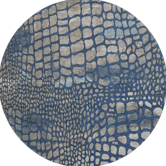 8' Navy Blue Gray And Taupe Abstract Geometric Washable Round Rug With UV Protection Photo 2
