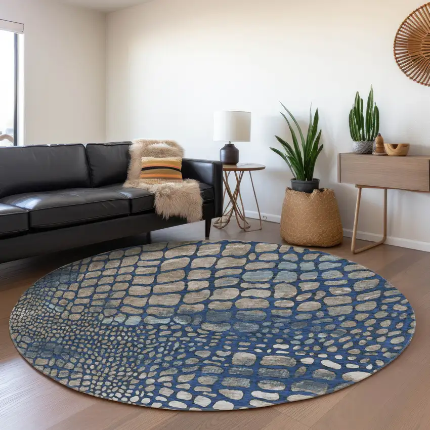8' Navy Blue Gray And Taupe Abstract Geometric Washable Round Rug With UV Protection Photo 4