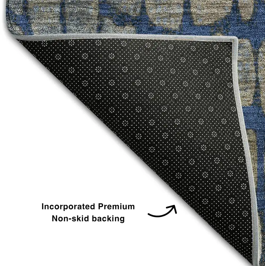 8' Navy Blue Gray And Taupe Abstract Geometric Washable Round Rug With UV Protection Photo 5