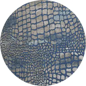 Photo of 8' Navy Blue Gray And Taupe Abstract Geometric Washable Round Rug With UV Protection