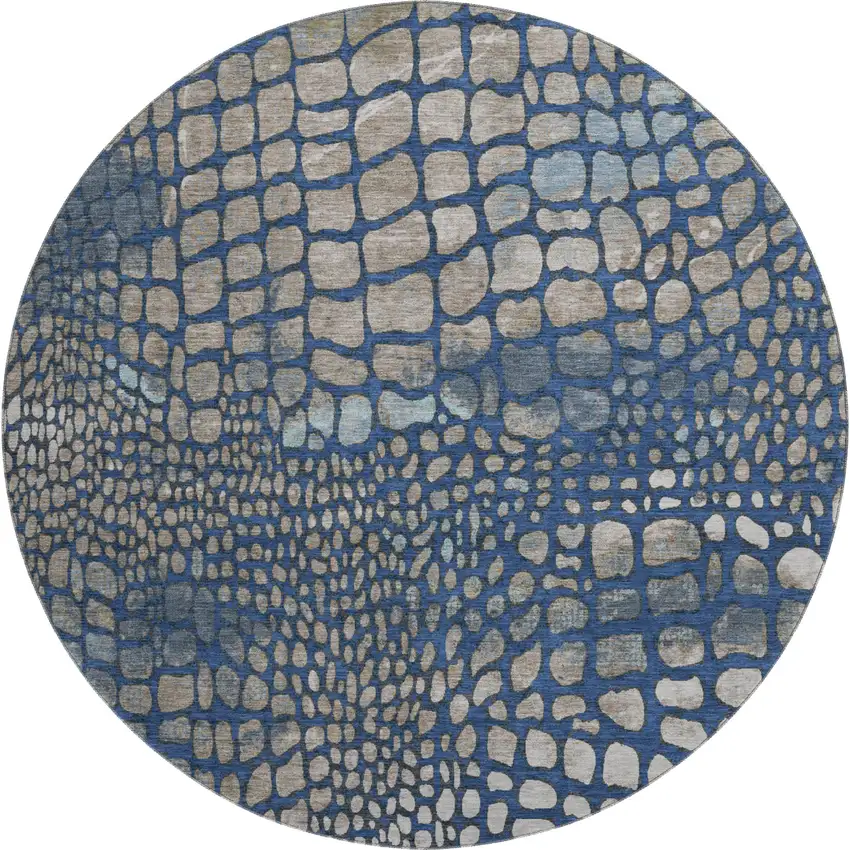 8' Navy Blue Gray And Taupe Abstract Geometric Washable Round Rug With UV Protection Photo 1