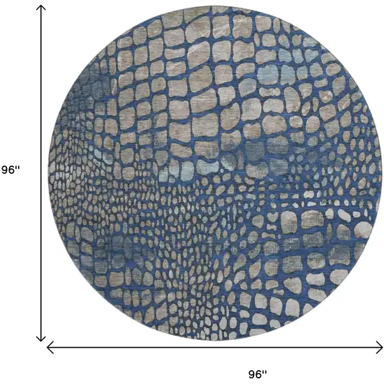 8' Navy Blue Gray And Taupe Abstract Geometric Washable Round Rug With UV Protection Photo 9