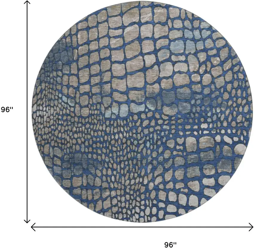 8' Navy Blue Gray And Taupe Abstract Geometric Washable Round Rug With UV Protection Photo 9