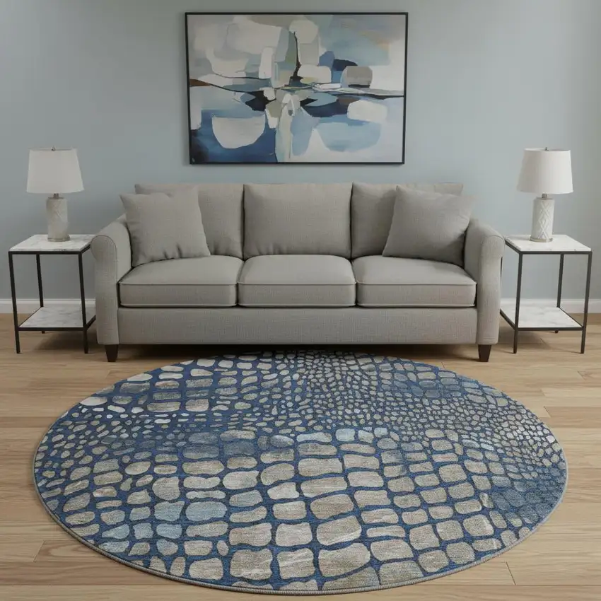 8' Navy Blue Gray And Taupe Abstract Geometric Washable Round Rug With UV Protection Photo 2