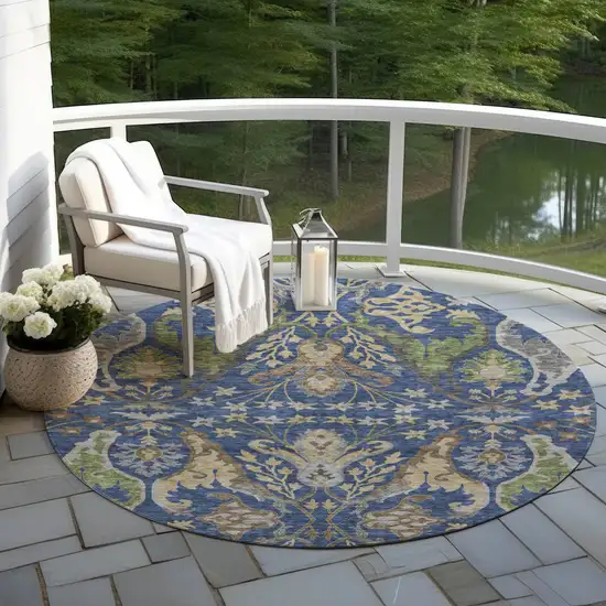8' Navy Blue Green And Brown Round Floral Washable Indoor Outdoor Area Rug Photo 8