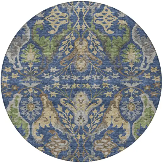 8' Navy Blue Green And Brown Round Floral Washable Indoor Outdoor Area Rug Photo 7