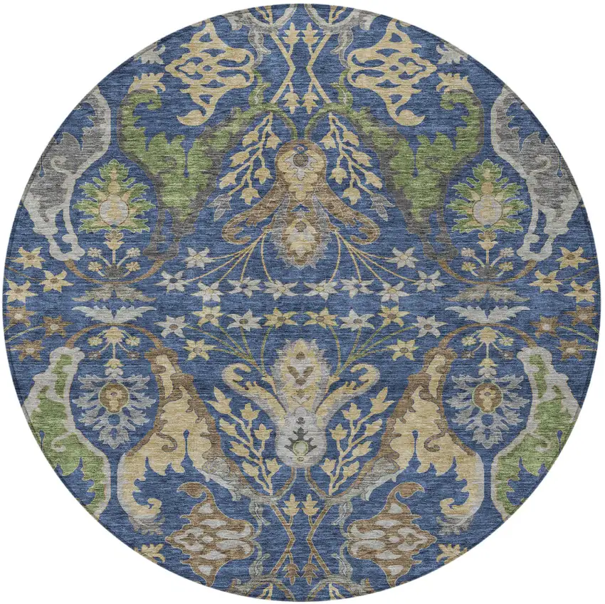 8' Navy Blue Green And Brown Round Floral Washable Indoor Outdoor Area Rug Photo 7
