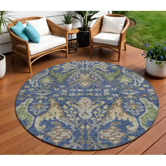 8' Navy Blue Green And Brown Round Floral Washable Indoor Outdoor Area Rug Photo 1