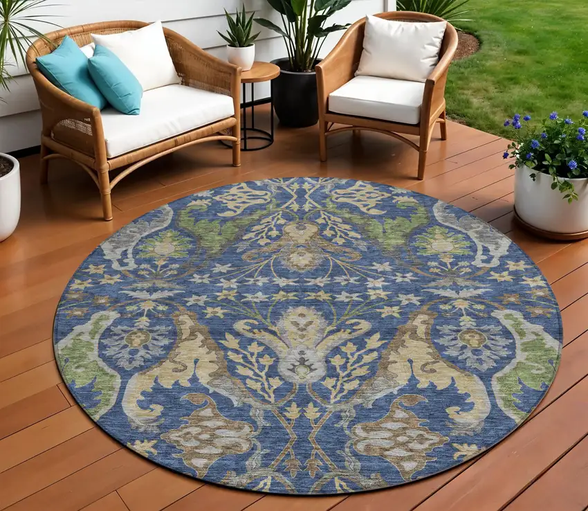 8' Navy Blue Green And Brown Round Floral Washable Indoor Outdoor Area Rug Photo 1