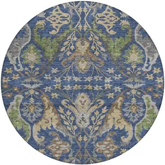 8' Navy Blue Green And Brown Round Floral Washable Indoor Outdoor Area Rug Photo 2