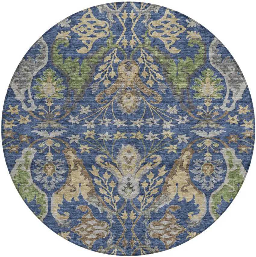 8' Navy Blue Green And Brown Round Floral Washable Indoor Outdoor Area Rug Photo 2