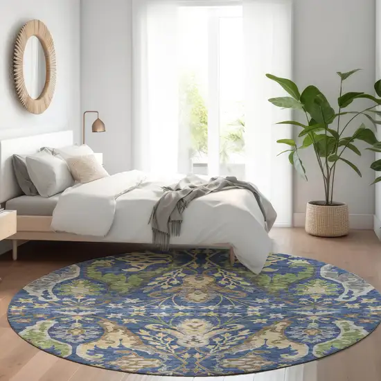 8' Navy Blue Green And Brown Round Floral Washable Indoor Outdoor Area Rug Photo 9