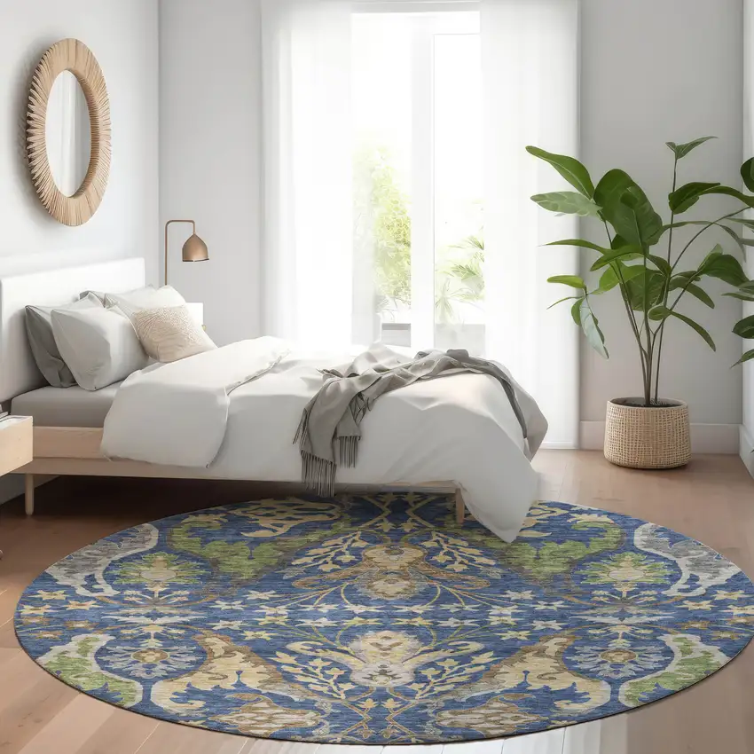 8' Navy Blue Green And Brown Round Floral Washable Indoor Outdoor Area Rug Photo 9