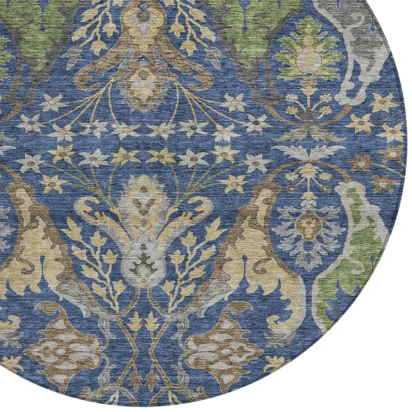 8' Navy Blue Green And Brown Round Floral Washable Indoor Outdoor Area Rug Photo 6