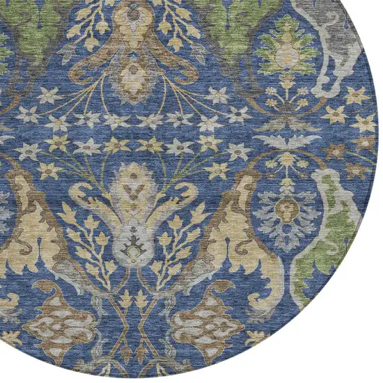 8' Navy Blue Green And Brown Round Floral Washable Indoor Outdoor Area Rug Photo 6