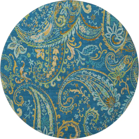 8' Navy Blue Green And Gold Paisley Distressed Washable Round Rug With UV Protection Photo 3