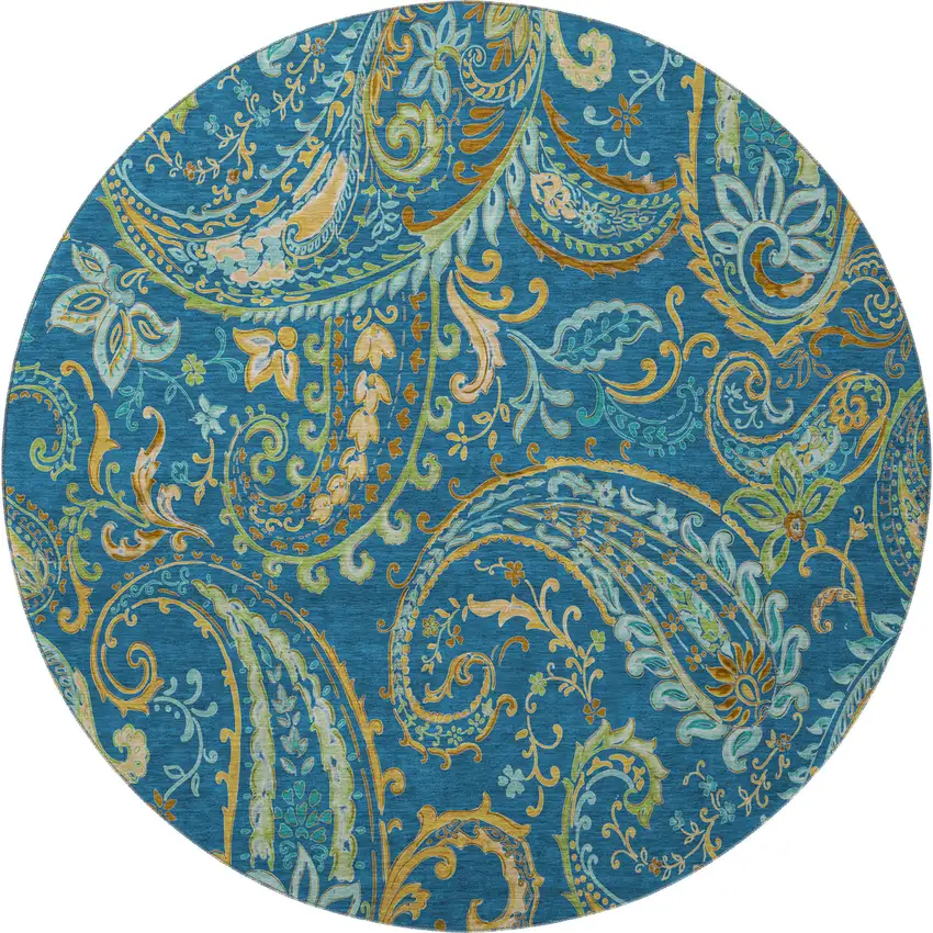 8' Navy Blue Green And Gold Paisley Distressed Washable Round Rug With UV Protection Photo 3