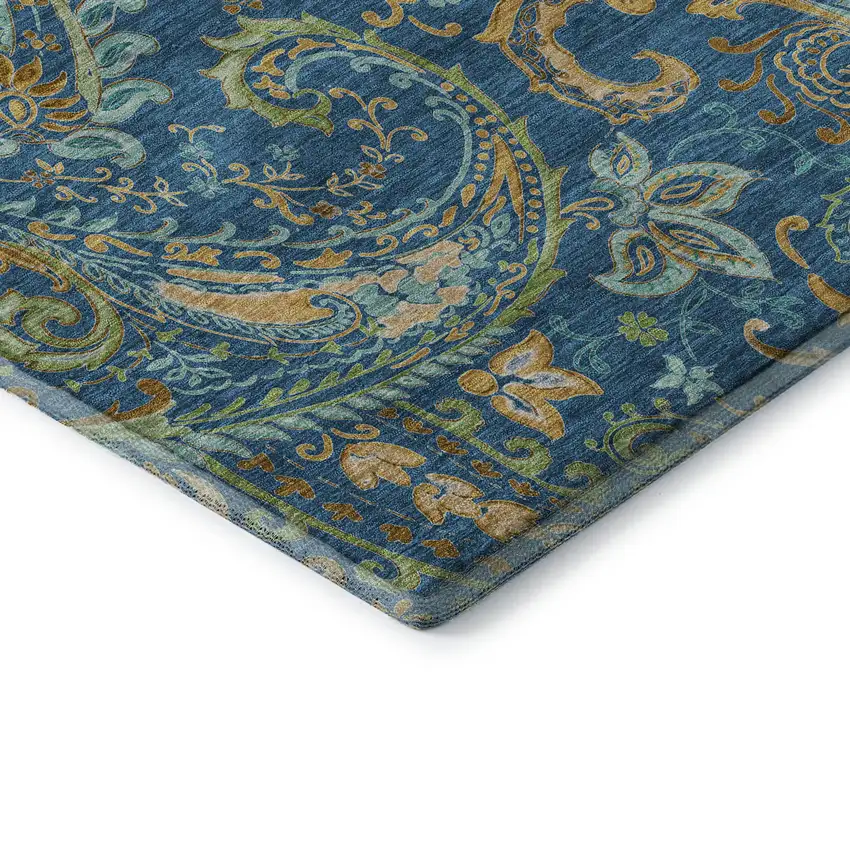 8' Navy Blue Green And Gold Paisley Distressed Washable Round Rug With UV Protection Photo 6