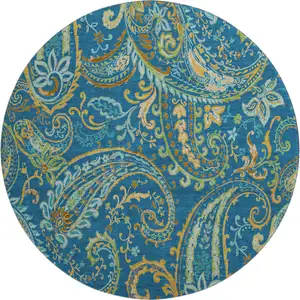 Photo of 8' Navy Blue Green And Gold Paisley Washable Round Rug With UV Protection