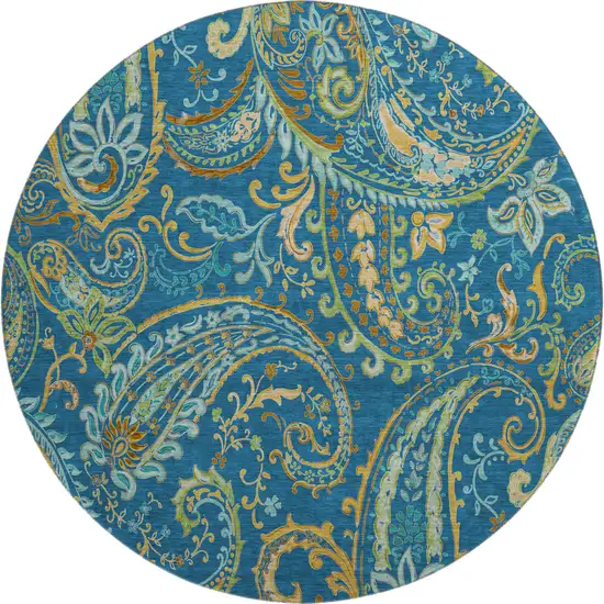 8' Navy Blue Green And Gold Paisley Washable Round Rug With UV Protection Photo 1