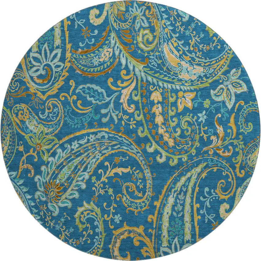 8' Navy Blue Green And Gold Paisley Distressed Washable Round Rug With UV Protection Photo 2