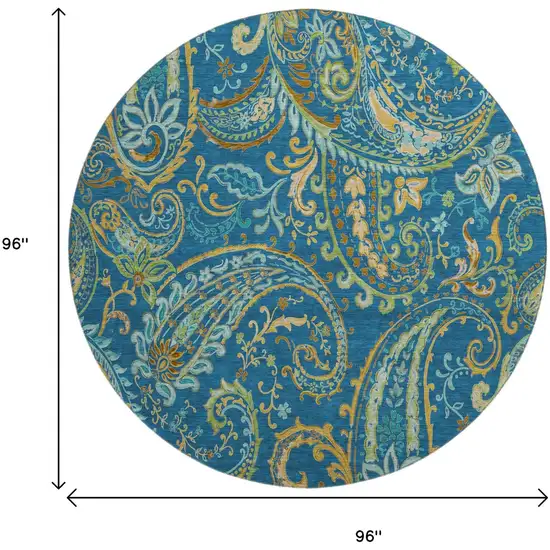 8' Navy Blue Green And Gold Paisley Washable Round Rug With UV Protection Photo 9