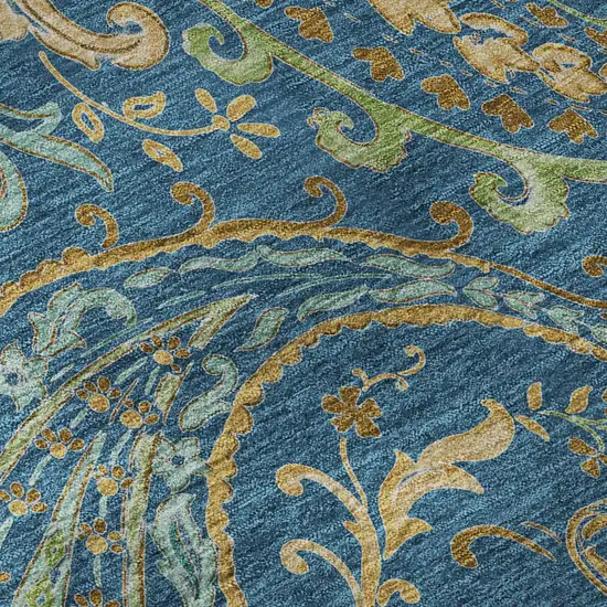 8' Navy Blue Green And Gold Paisley Distressed Washable Round Rug With UV Protection Photo 8