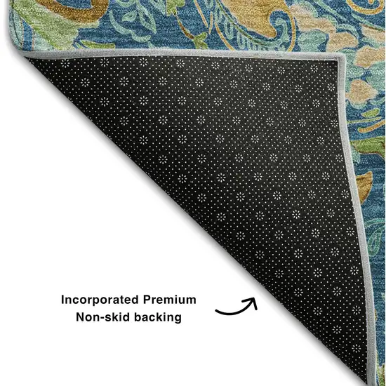 8' Navy Blue Green And Gold Paisley Washable Round Rug With UV Protection Photo 5