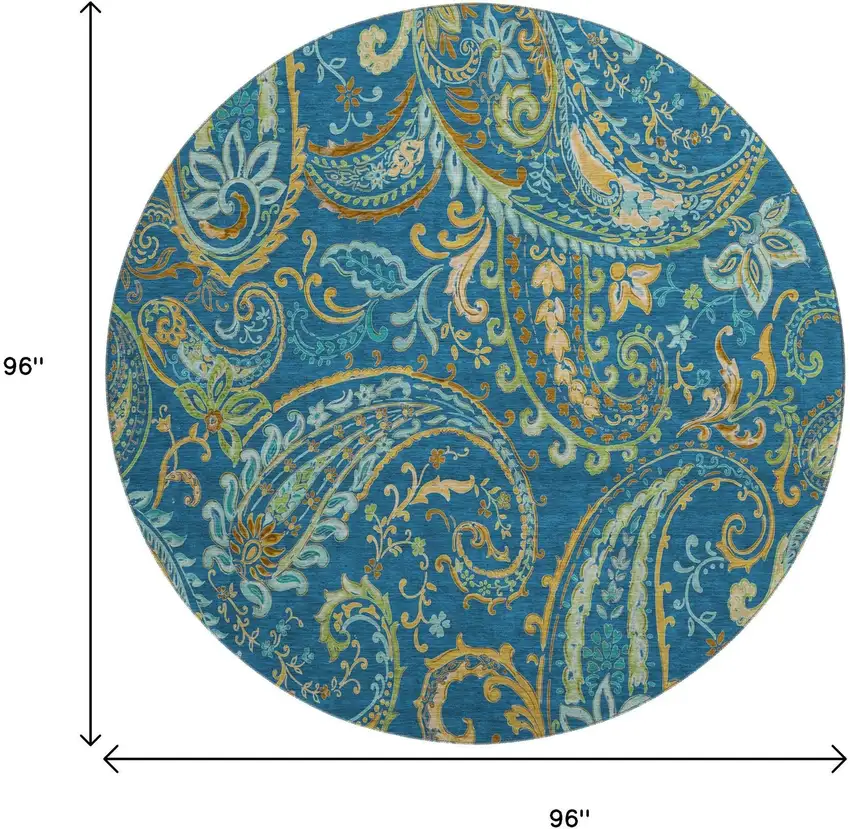 8' Navy Blue Green And Gold Paisley Distressed Washable Round Rug With UV Protection Photo 9