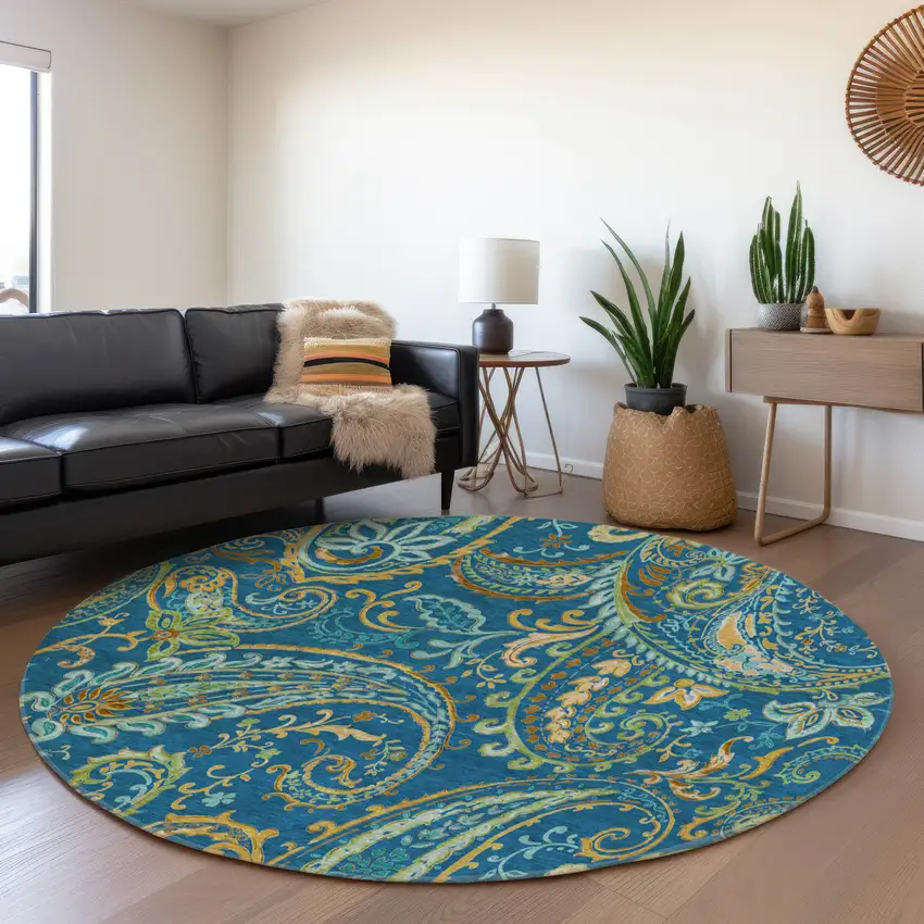 8' Navy Blue Green And Gold Paisley Distressed Washable Round Rug With UV Protection Photo 4