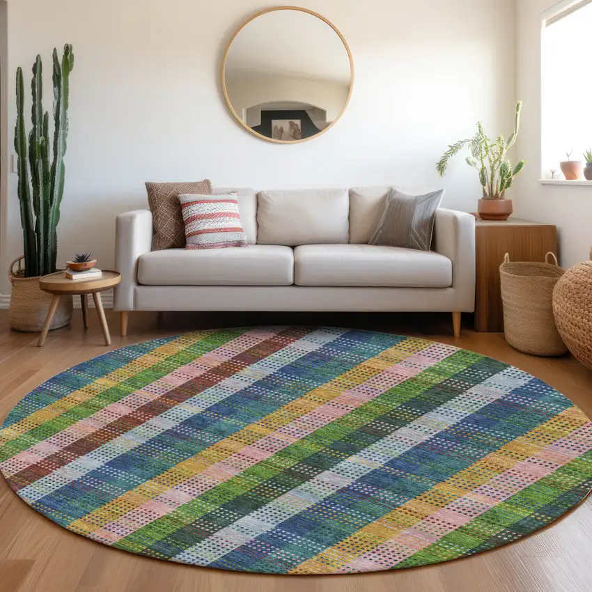 8' Navy Blue Green And Gold Plaid Washable Round Rug With UV Protection Photo 4