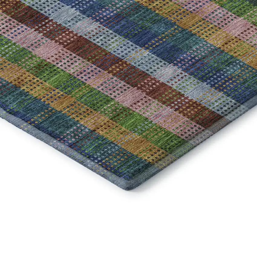 8' Navy Blue Green And Gold Plaid Washable Round Rug With UV Protection Photo 6