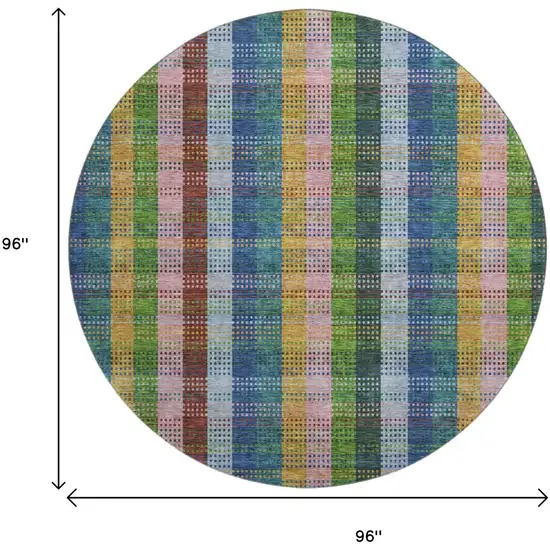 8' Navy Blue Green And Gold Plaid Washable Round Rug With UV Protection Photo 9