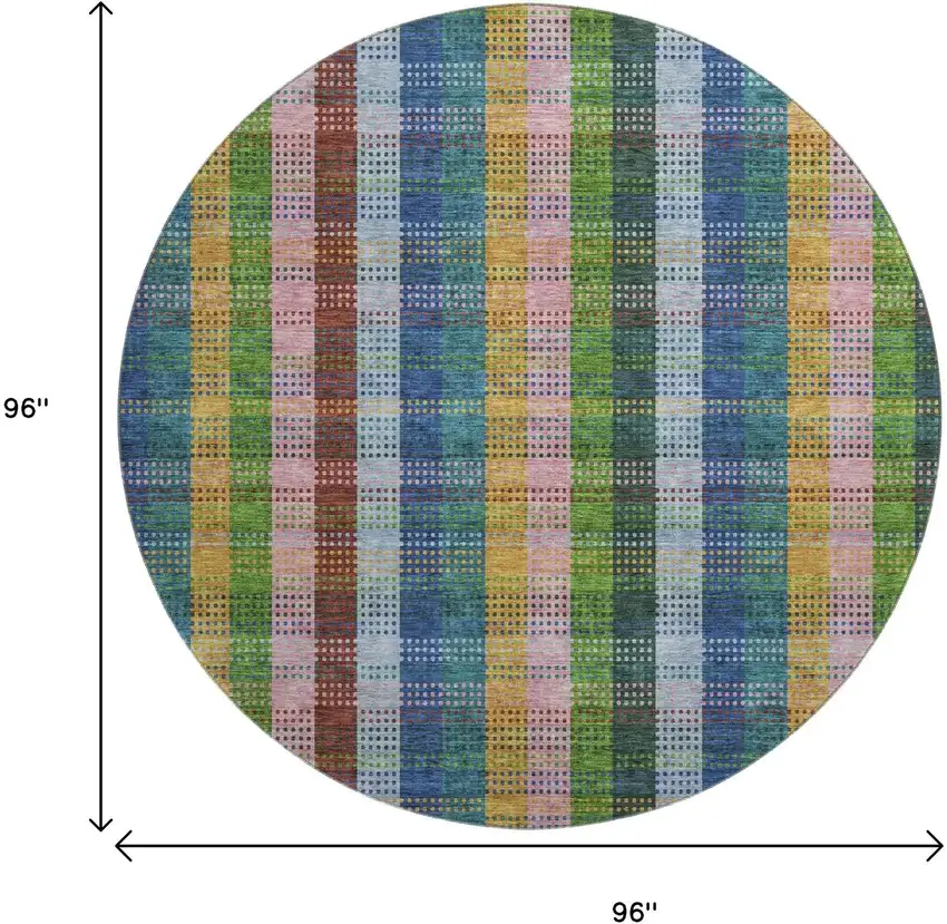 8' Navy Blue Green And Gold Plaid Washable Round Rug With UV Protection Photo 9