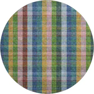 Photo of 8' Navy Blue Green And Gold Plaid Washable Round Rug With UV Protection