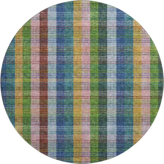 8' Navy Blue Green And Gold Plaid Washable Round Rug With UV Protection Photo 1