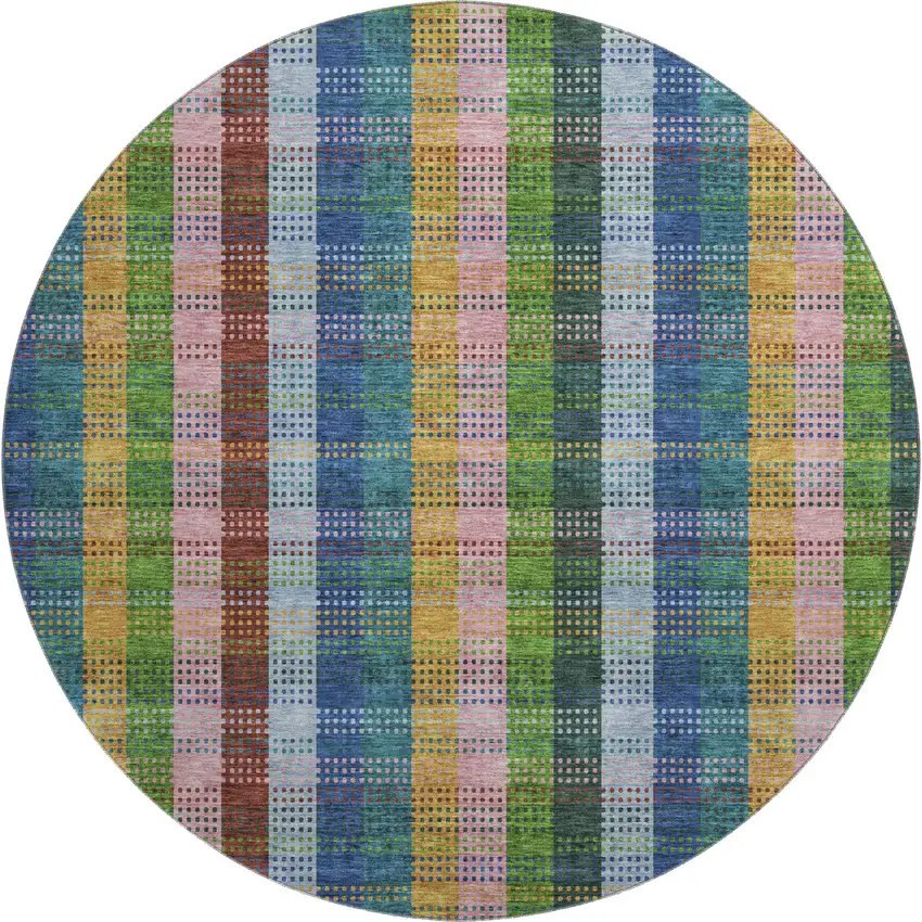8' Navy Blue Green And Gold Plaid Washable Round Rug With UV Protection Photo 1