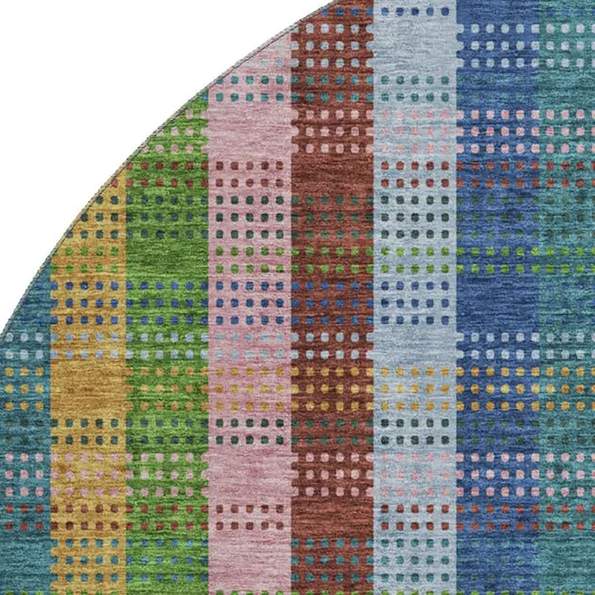 8' Navy Blue Green And Gold Plaid Washable Round Rug With UV Protection Photo 2