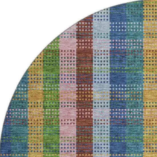 8' Navy Blue Green And Gold Plaid Washable Round Rug With UV Protection Photo 3