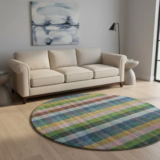 8' Navy Blue Green And Gold Plaid Washable Round Rug With UV Protection Photo 2