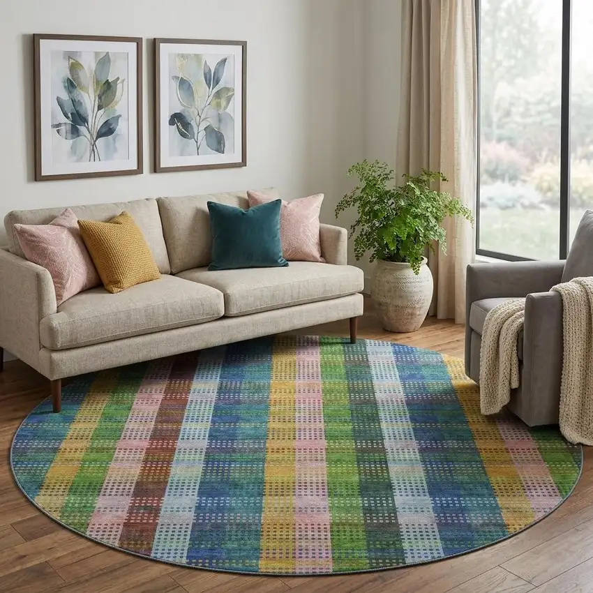 8' Navy Blue Green And Gold Plaid Washable Round Rug With UV Protection Photo 1