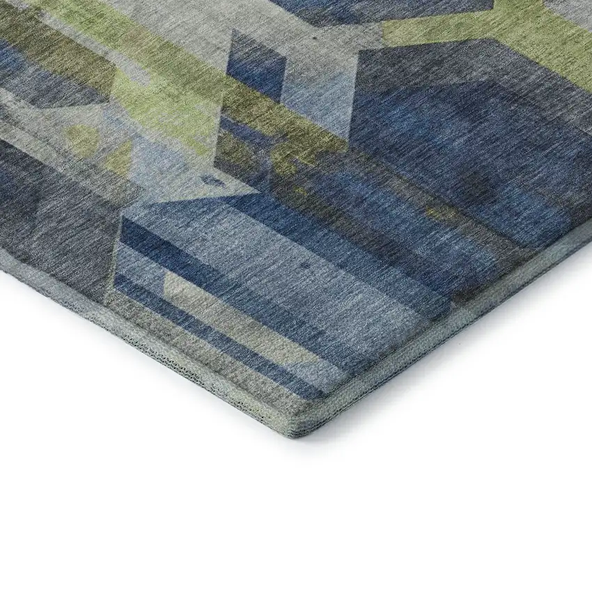 8' Navy Blue Green And Gray Geometric Washable Round Rug With UV Protection Photo 6