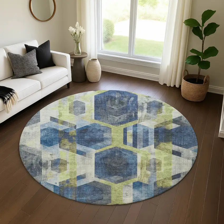 8' Navy Blue Green And Gray Geometric Washable Round Rug With UV Protection Photo 4