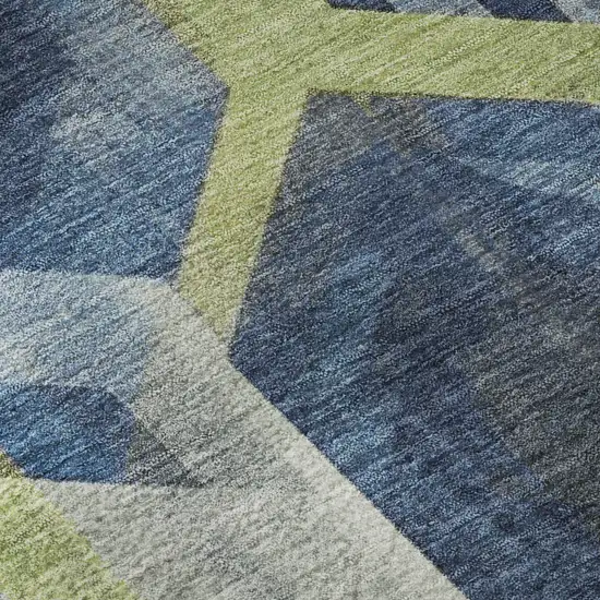 8' Navy Blue Green And Gray Geometric Washable Round Rug With UV Protection Photo 8
