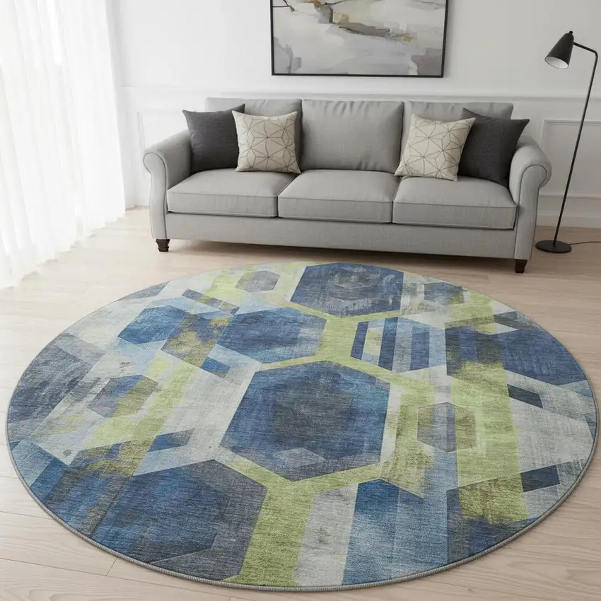 8' Navy Blue Green And Gray Geometric Washable Round Rug With UV Protection Photo 2