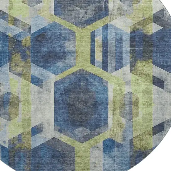 8' Navy Blue Green And Gray Geometric Washable Round Rug With UV Protection Photo 2