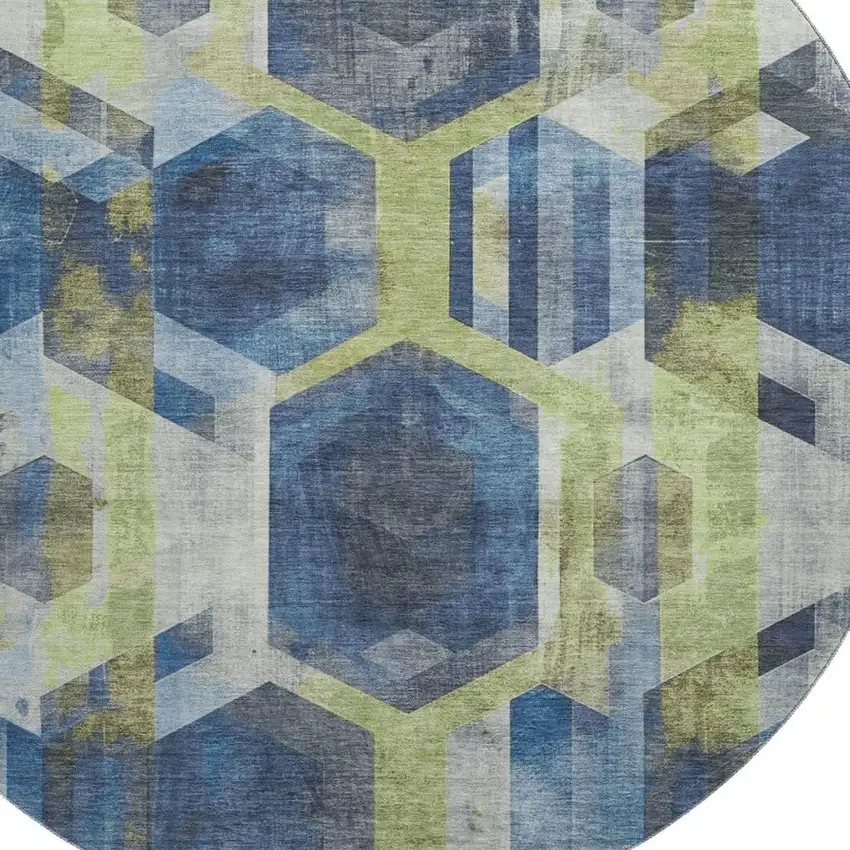 8' Navy Blue Green And Gray Geometric Washable Round Rug With UV Protection Photo 2
