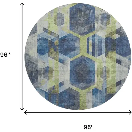 8' Navy Blue Green And Gray Geometric Washable Round Rug With UV Protection Photo 9